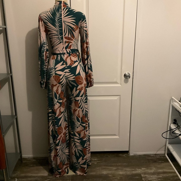 Pink and Green Long Sleeve Tropical Print Jumpsuit - Picture 6 of 10